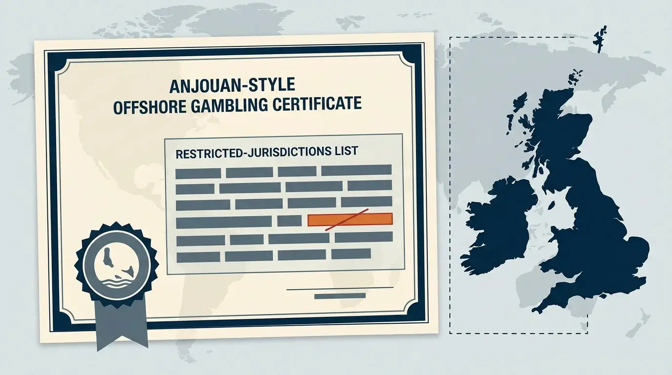 A symbolic image of the Anjouan licence framework with the United Kingdom marked outside its scope of authorisation.