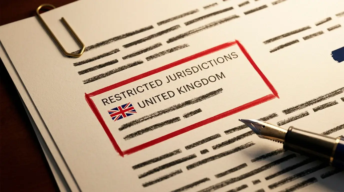 Editorial close-up of a licensing document with a UK box prominently marked as restricted