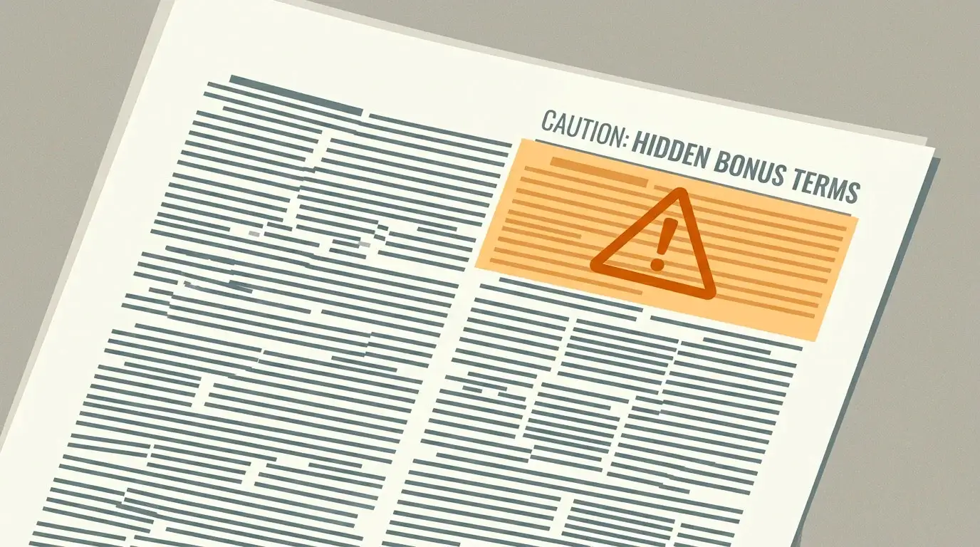 A document marked with a warning symbol over fine-print clauses representing vague bonus-abuse terms.