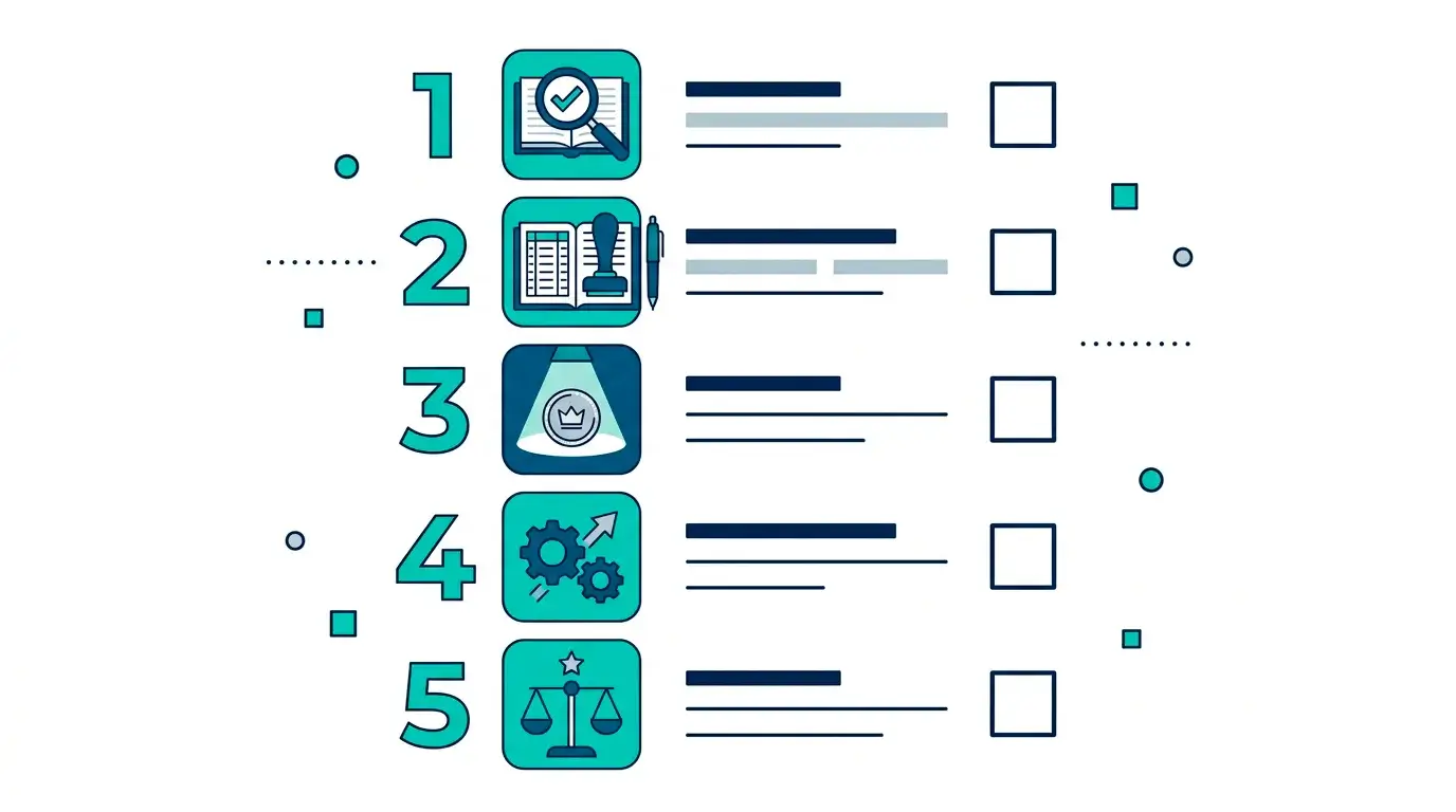 A numbered vertical checklist with a magnifying glass, a register icon, and a small test-coin step.