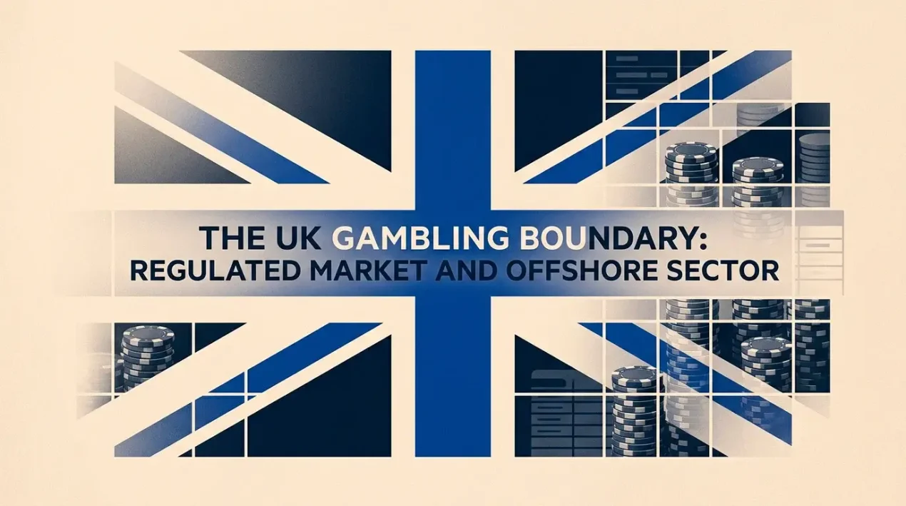 Editorial illustration of a UK Union Jack motif blending into a chip-stack grid representing the offshore casino category outside GamStop