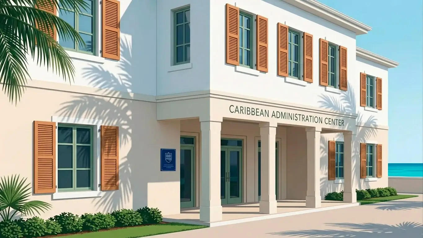 Modern Caribbean office building rendered in editorial illustration style, suggesting the new Curacao Gaming Authority