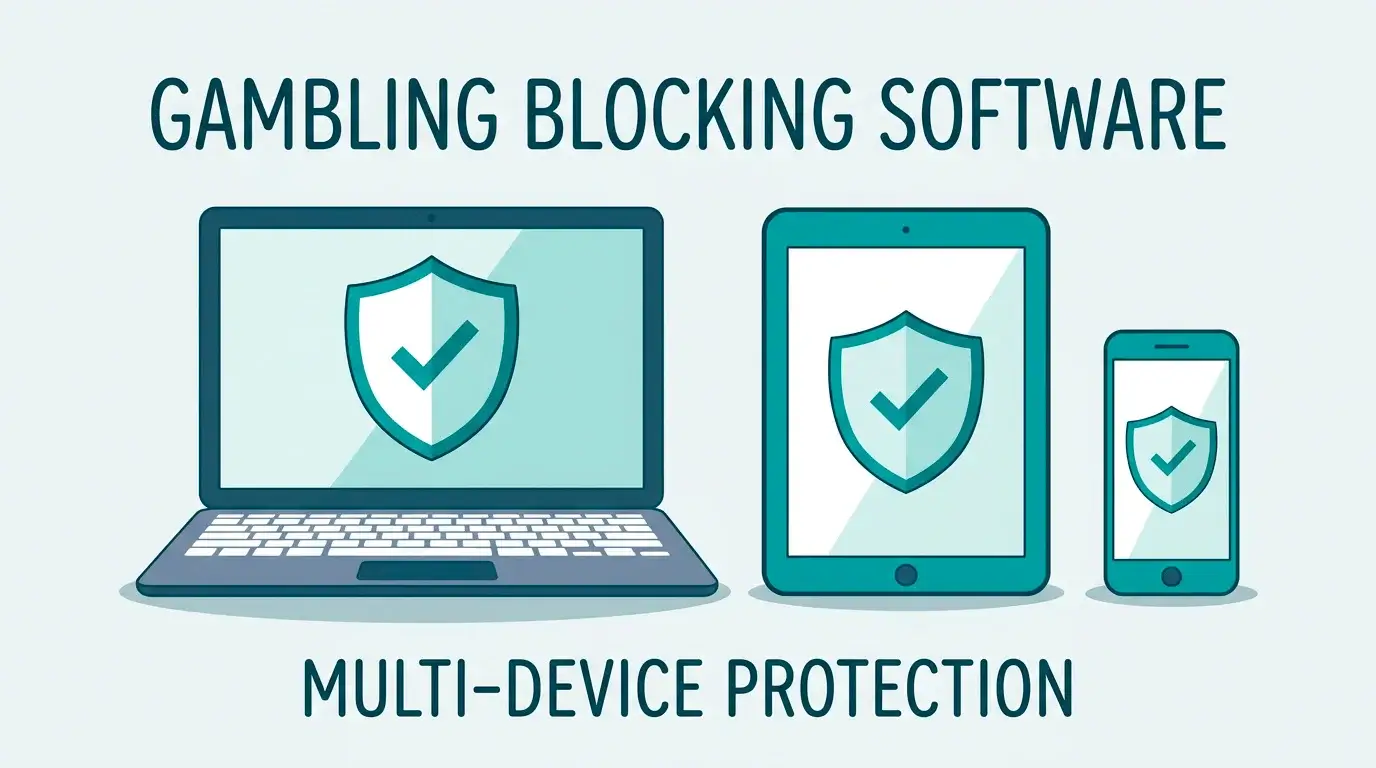 A laptop, tablet and phone each showing a protective block shield, representing device-level gambling blockers.