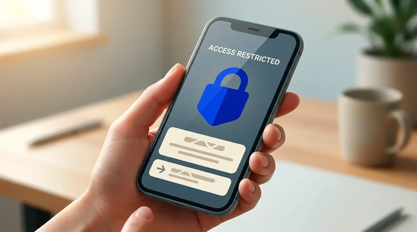 Editorial illustration of a smartphone showing a gambling-site block screen, representing device-side blocking software