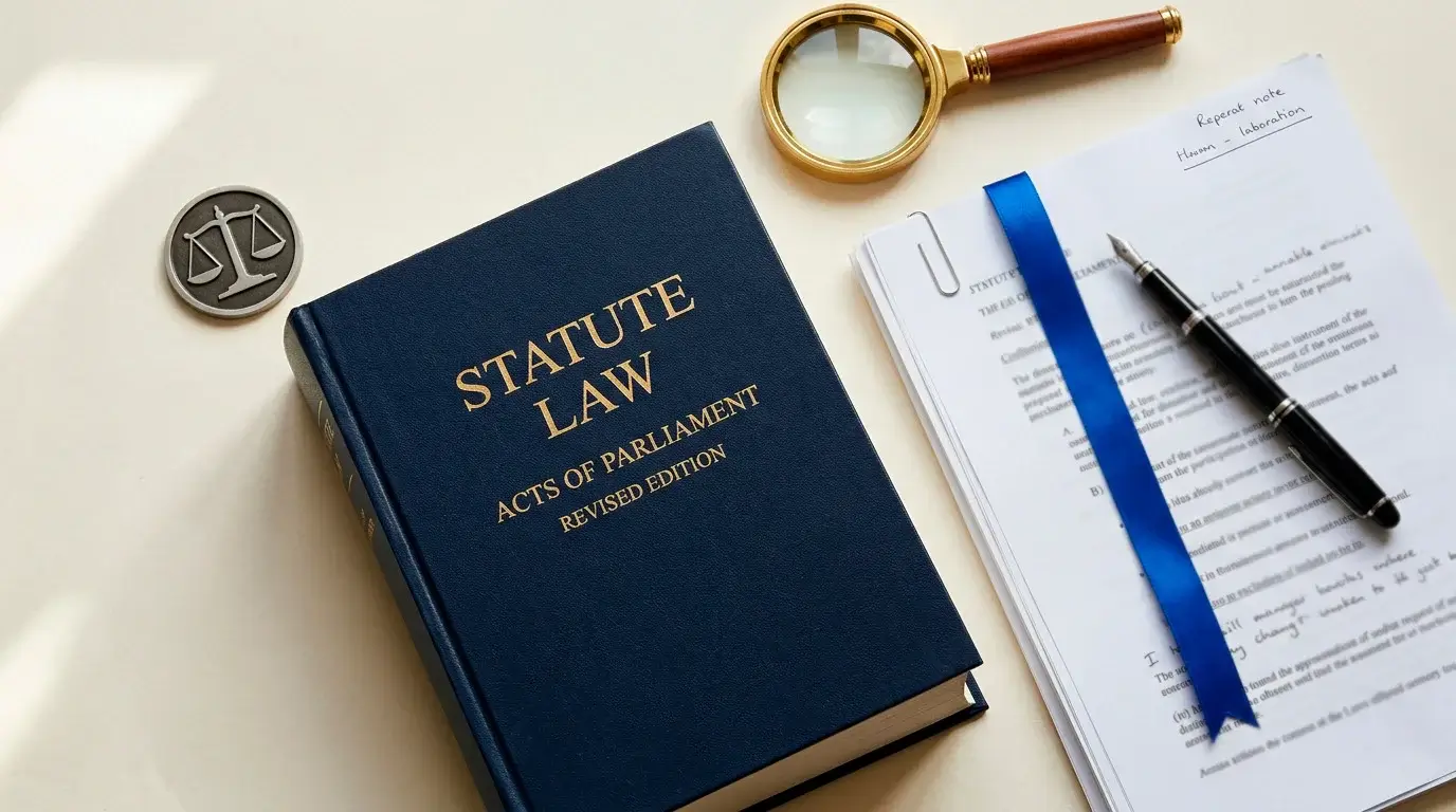 Editorial still-life of a bound UK statute volume with a brass magnifier and a paper-clipped note, evoking the Gambling Act 2005
