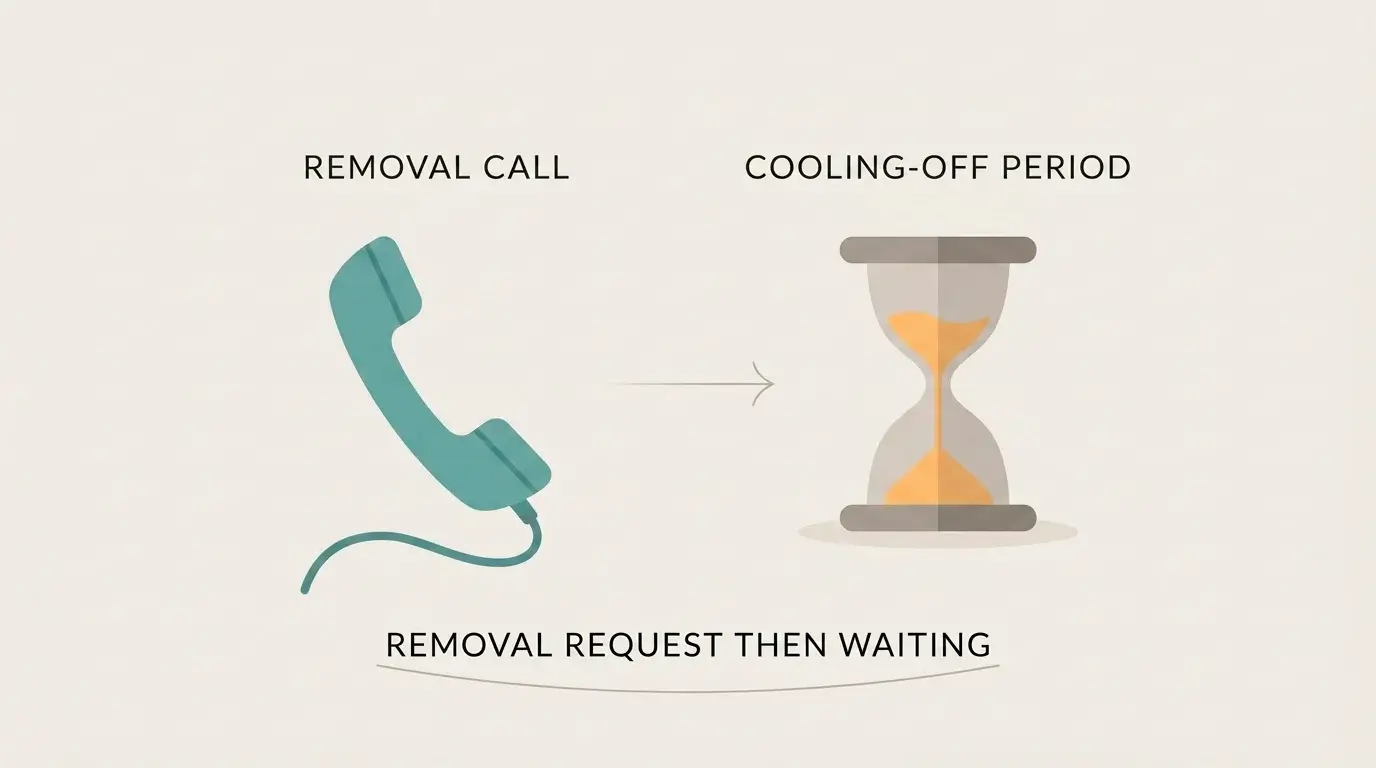 A telephone handset beside an hourglass marking the 24-hour cooling-off period after a removal request.