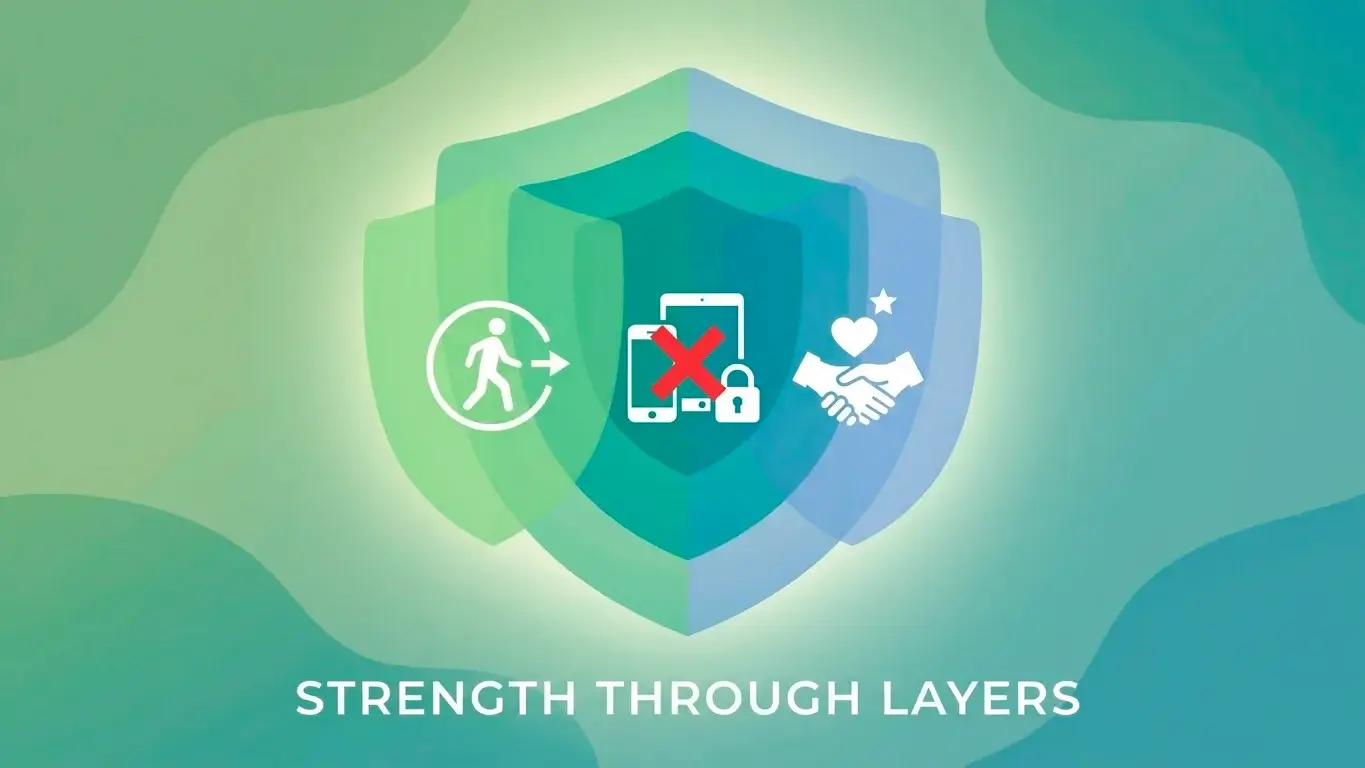 Three overlapping protective layers labelled by icon as self-exclusion, device blocking and personal support.
