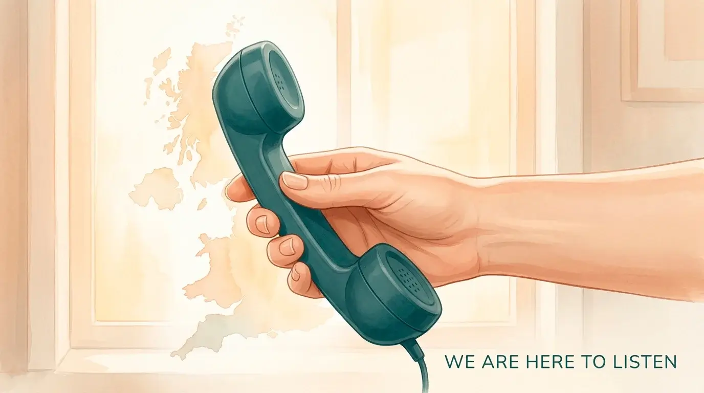 Editorial illustration of a helpline conversation through a phone, representing free 24-hour UK gambling support