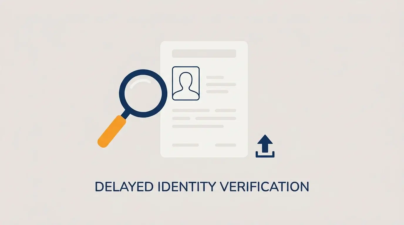 Identity document and magnifying glass representing a deferred verification check at withdrawal.