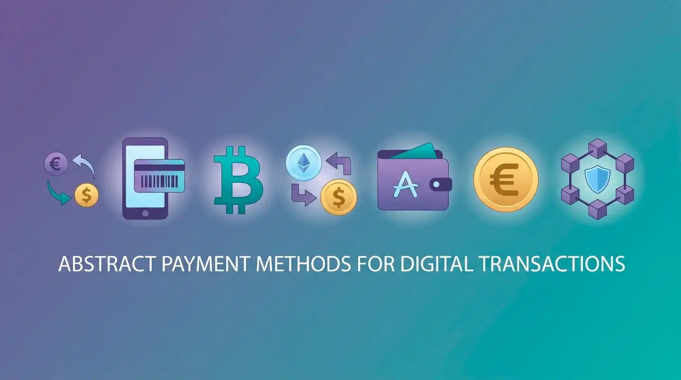 Row of e-wallet and cryptocurrency symbols beside a euro and dollar currency exchange icon.
