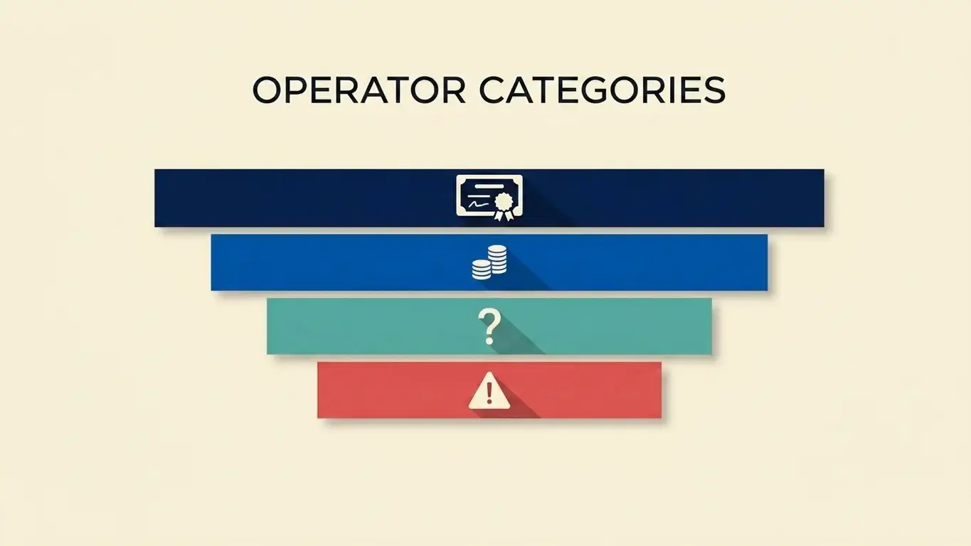 Editorial infographic-style illustration grouping offshore operator categories by licence weight and risk