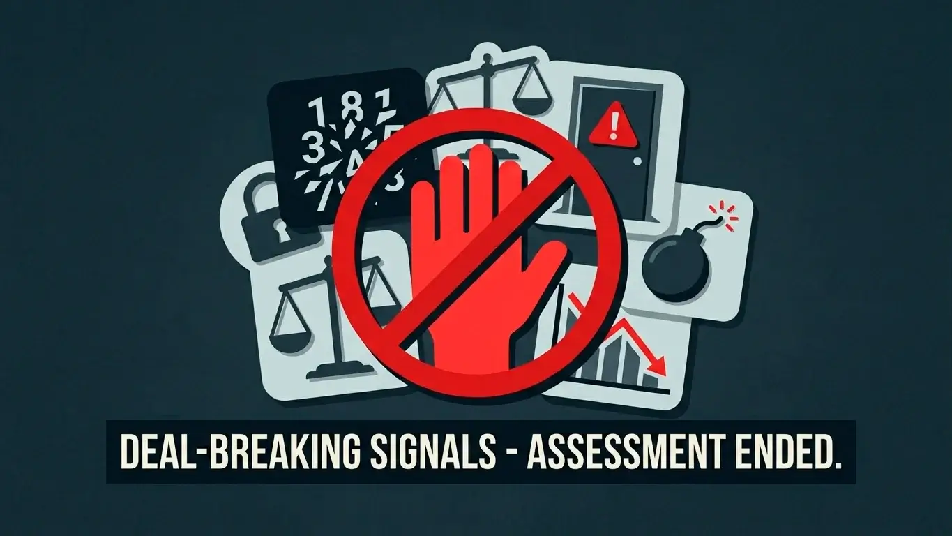 A red stop-hand symbol over a cluster of warning icons representing deal-breaking offshore casino signals.