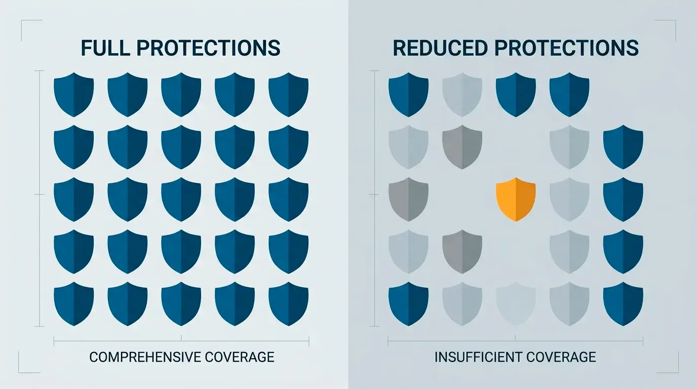 Two columns of shield icons, one full and one with several shields missing, comparing UKGC and offshore protections.