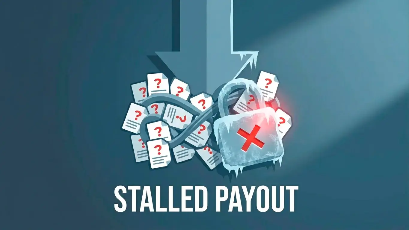 A withdrawal request blocked by a tangle of repeated document-request icons and a frozen padlock.
