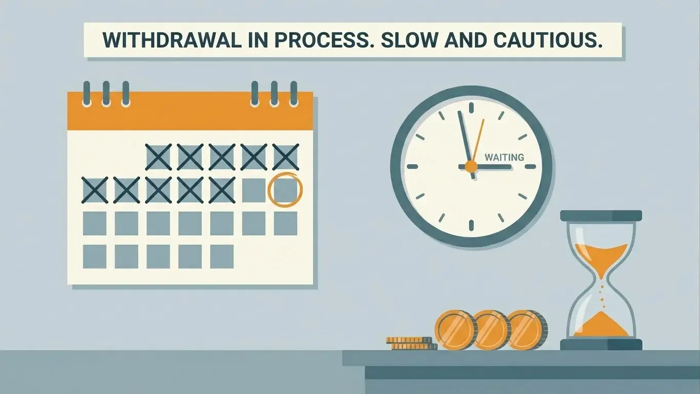 Calendar and clock graphic representing delayed withdrawal processing times.