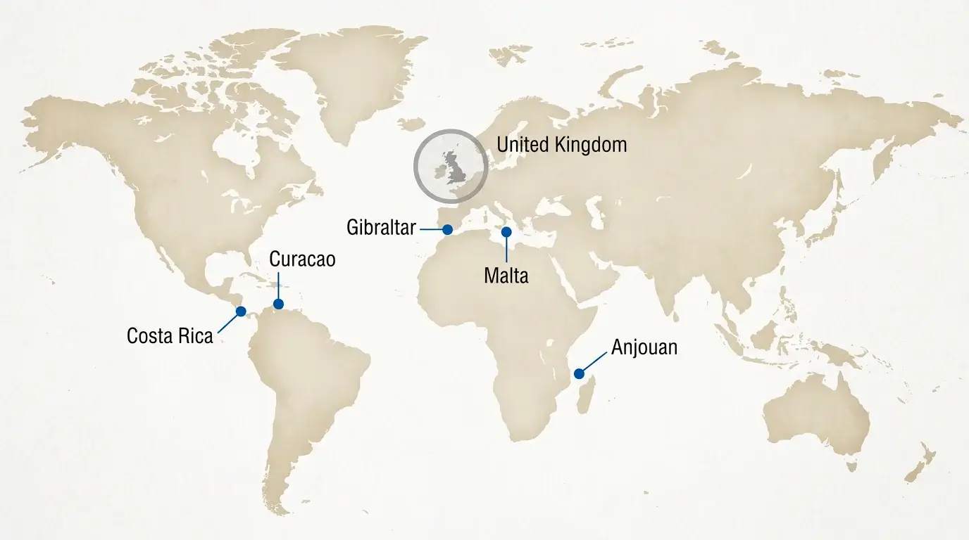 Stylised editorial map highlighting Curacao, Anjouan, Malta and Gibraltar as licensing jurisdictions outside the UK Gambling Commission