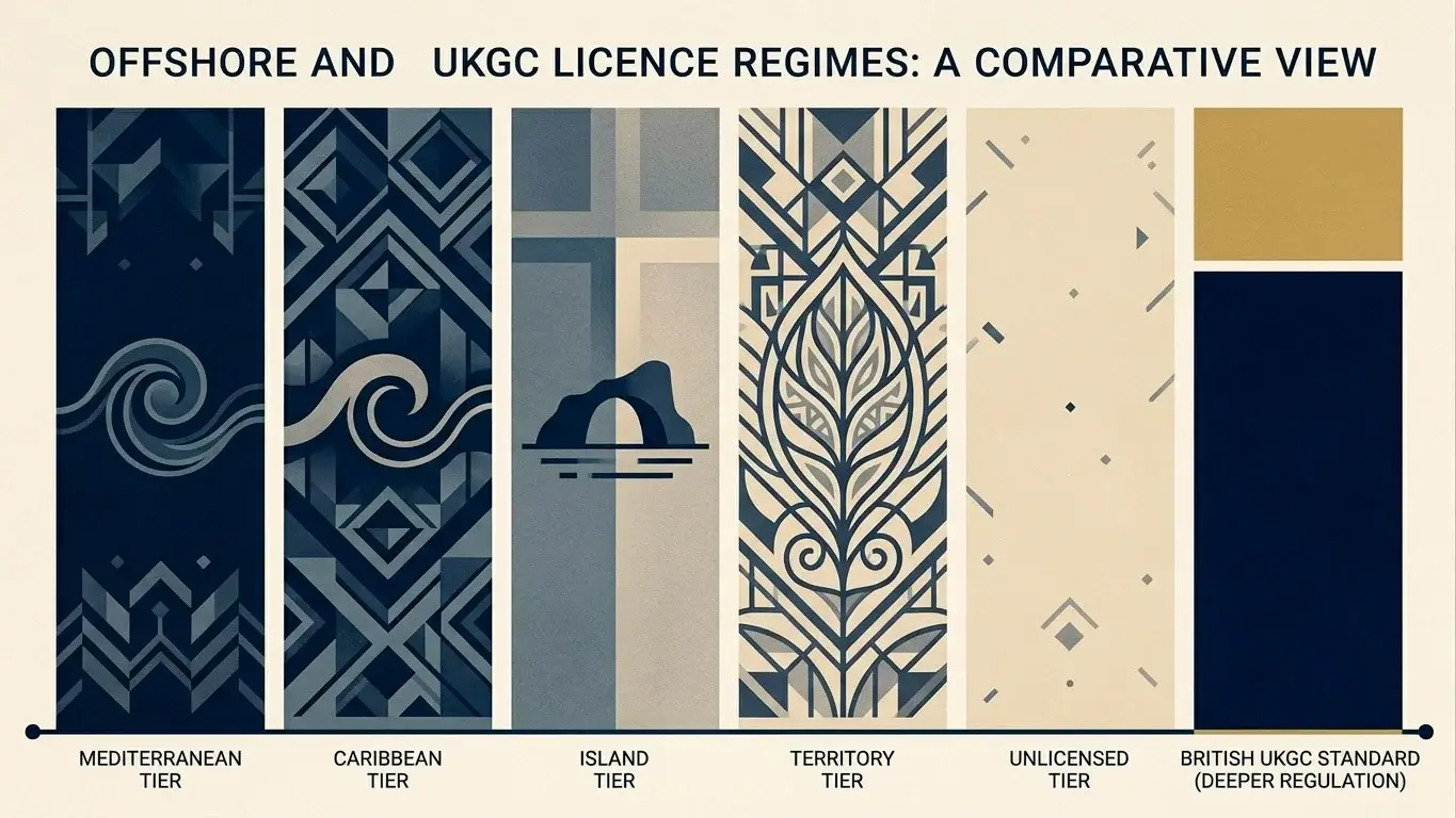 An abstract editorial comparison of multiple offshore licence regimes shown side by side with varying density of regulatory weight.