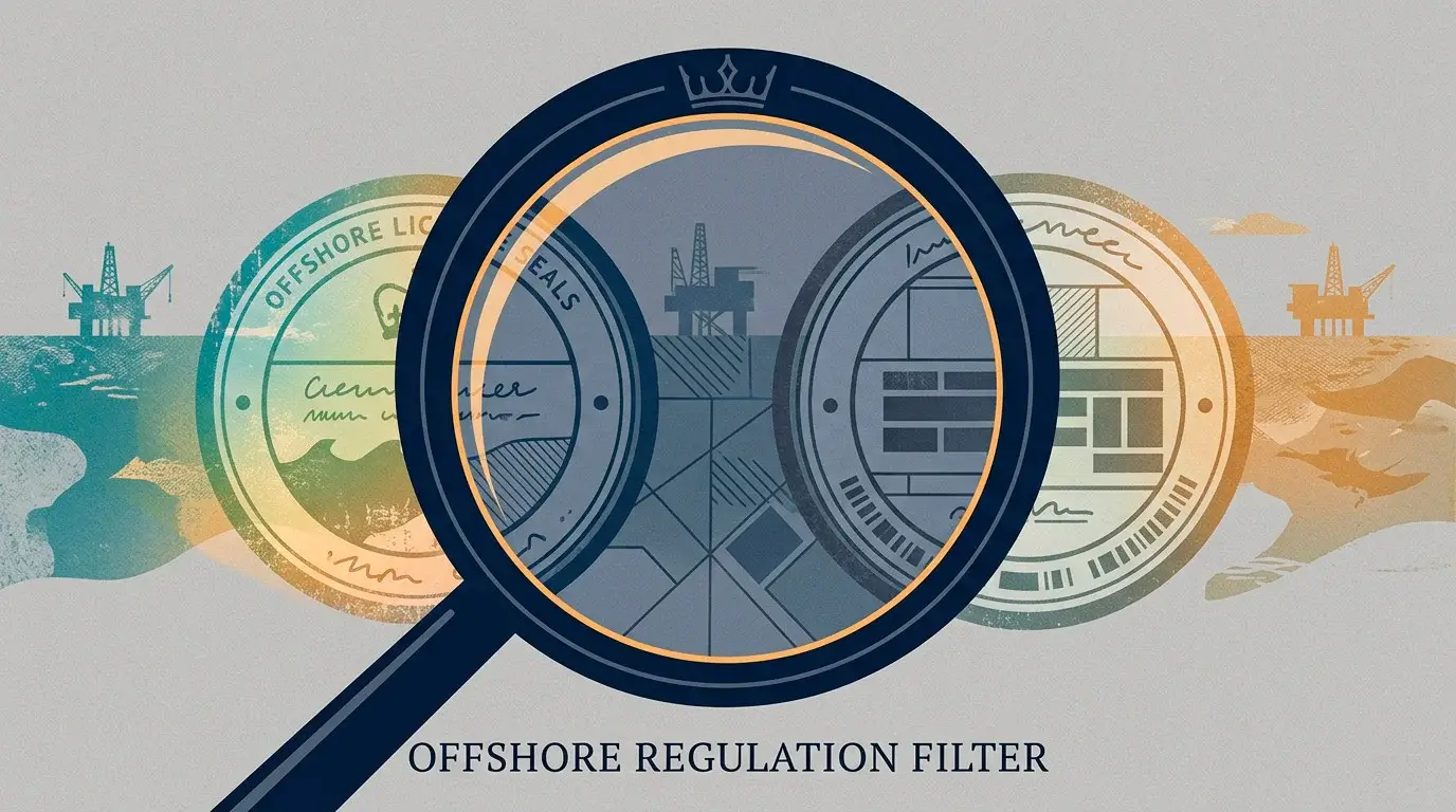 A reflective editorial illustration of offshore licence seals viewed through a British regulatory lens, with the practical scope of each highlighted.