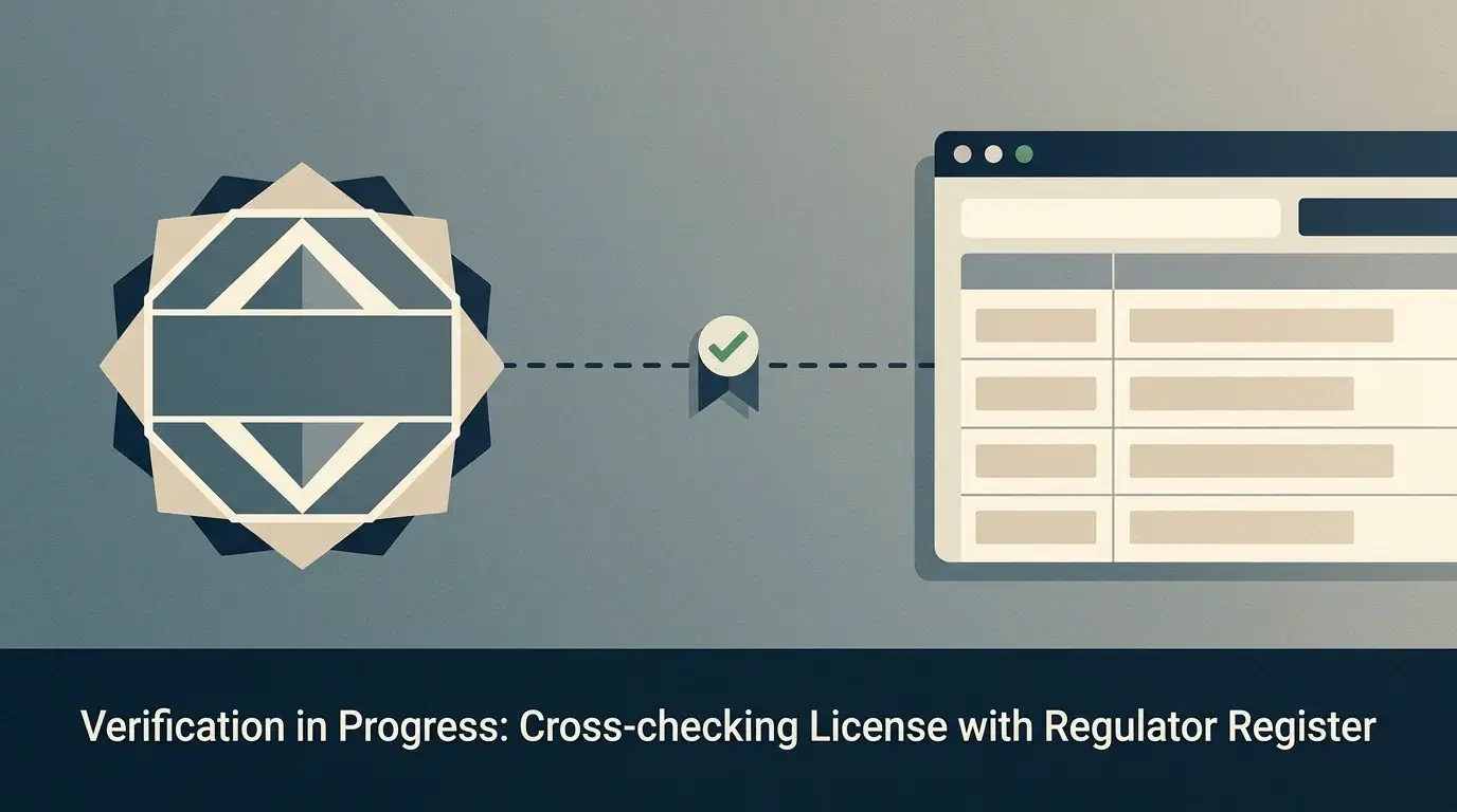 An editorial close-up of a casino website footer showing an offshore licence seal being cross-checked against a regulator register, neutral British perspective.