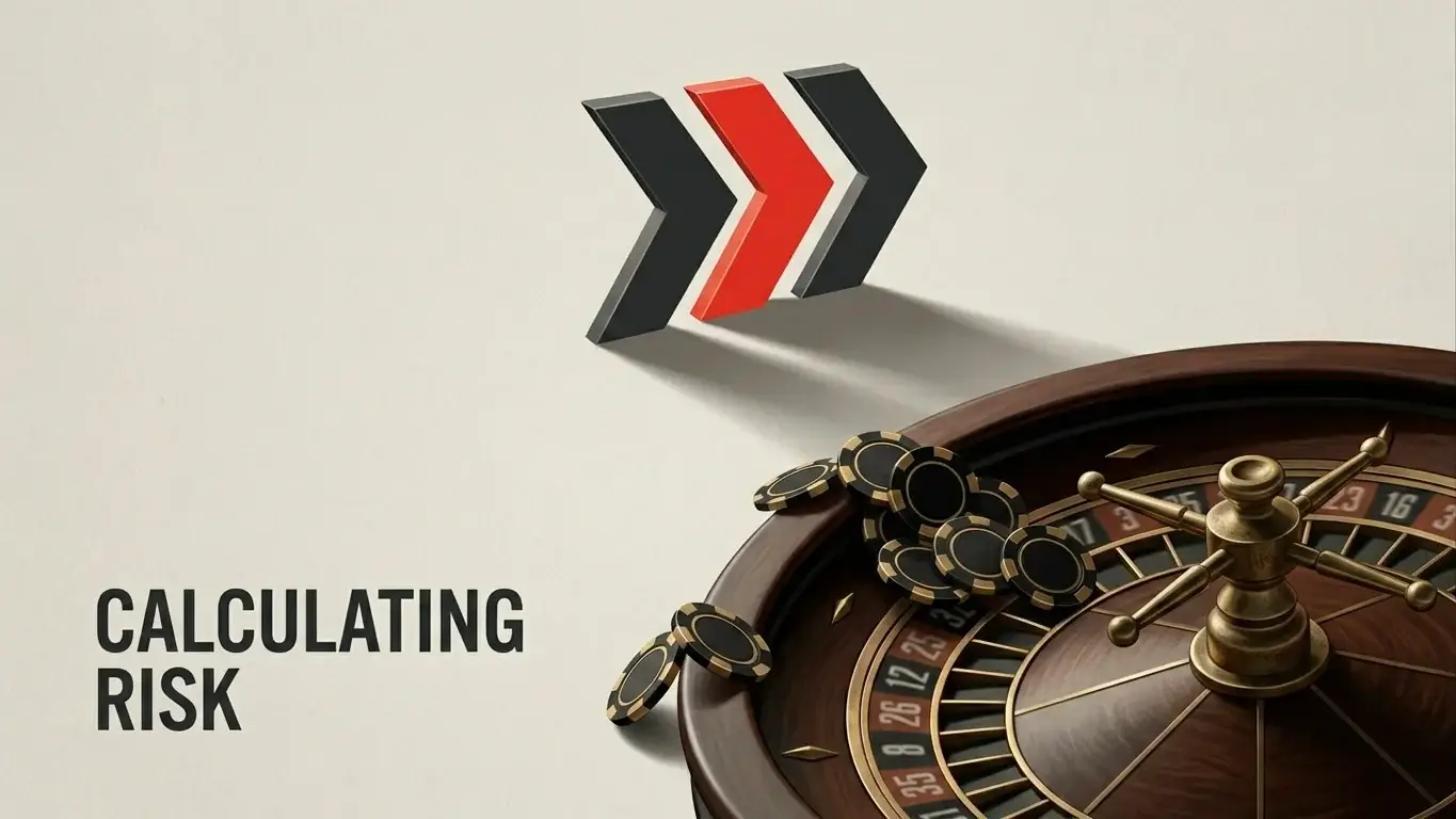 Editorial illustration of a stylised hazard chevron over a roulette wheel cropped at the edge, representing player risk offshore