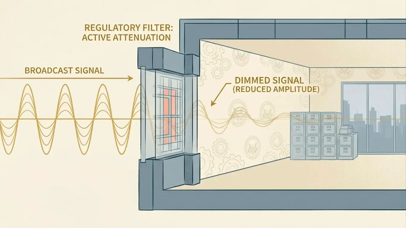 An abstract editorial image of an advertising channel meeting a regulatory boundary, representing the section 330 offence framework.
