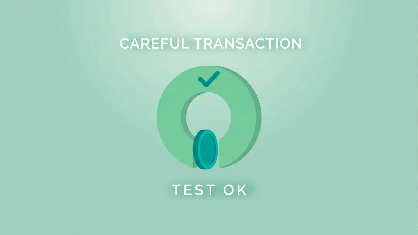 A single small coin passing through a checkmark gateway representing a minimal test deposit and withdrawal.