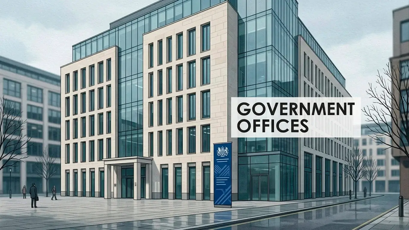 Architectural editorial illustration evoking a UK regulator's office facade with subtle Union Jack accenting
