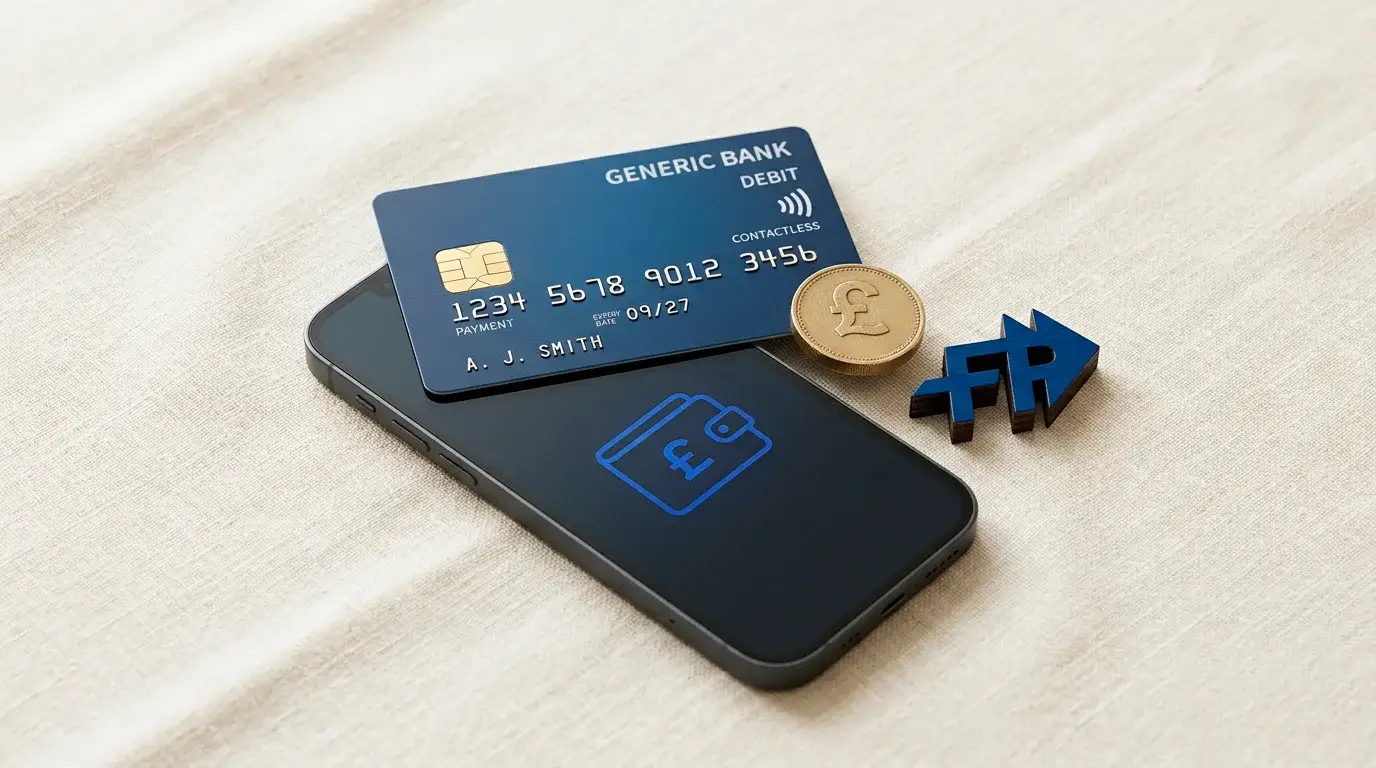 Editorial flat-lay of UK debit cards, contactless symbols and a smartphone wallet representing the regulated payment stack