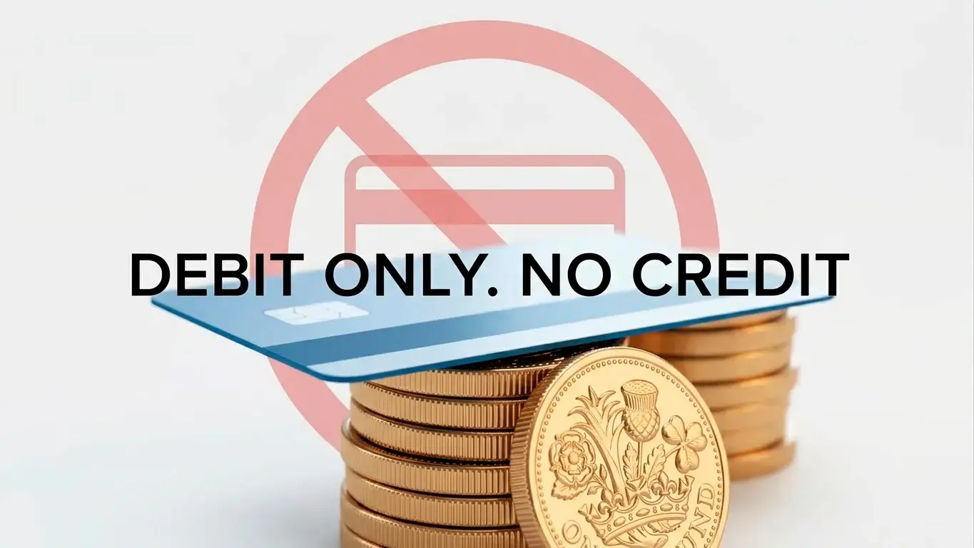 Debit card resting on a stack of pound coins next to a blocked credit card symbol.